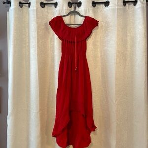 Red Off-Shoulder Ruffled High-Low Dress